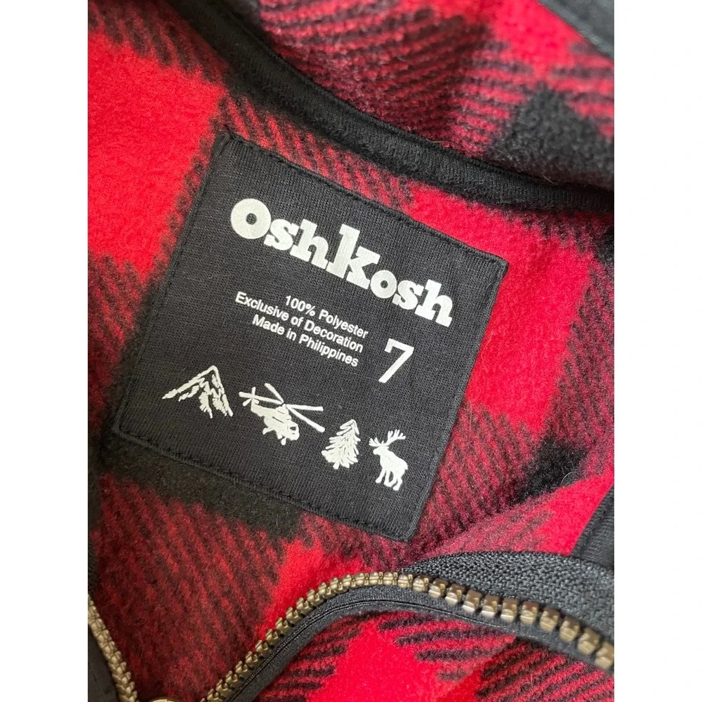 OshKosh Fleece Quarter-Zip Kids Size 7 Red Black Buffalo Plaid Excellent Trail